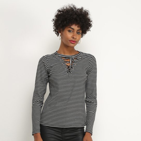Blusa Facinelli Manga Longa Listrada Feminina Preto E Branco