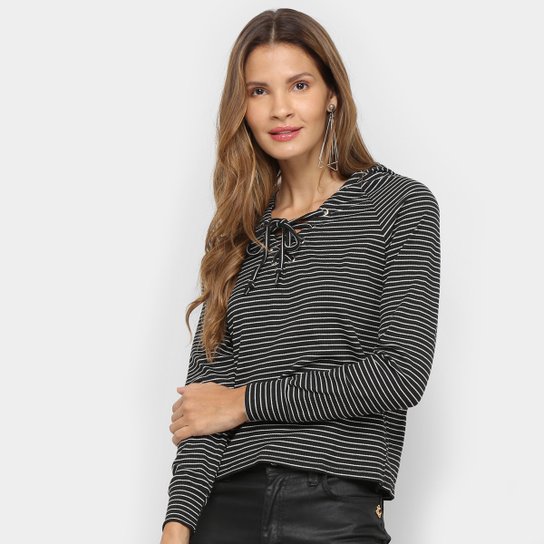 Blusa Facinelli Manga Longa Listrada Feminina Preto E Branco
