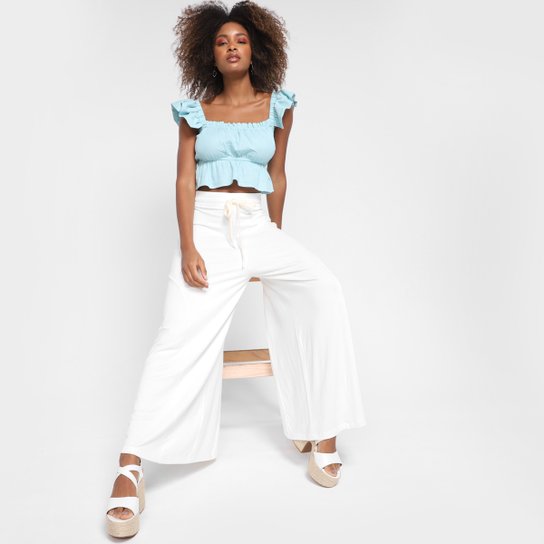 Blusa Farm Cropped Babado Ombro e Barra Feminina - Azul Menor preço em Blusa Farm Cropped Babado Ombro e Barra Feminina - Azul