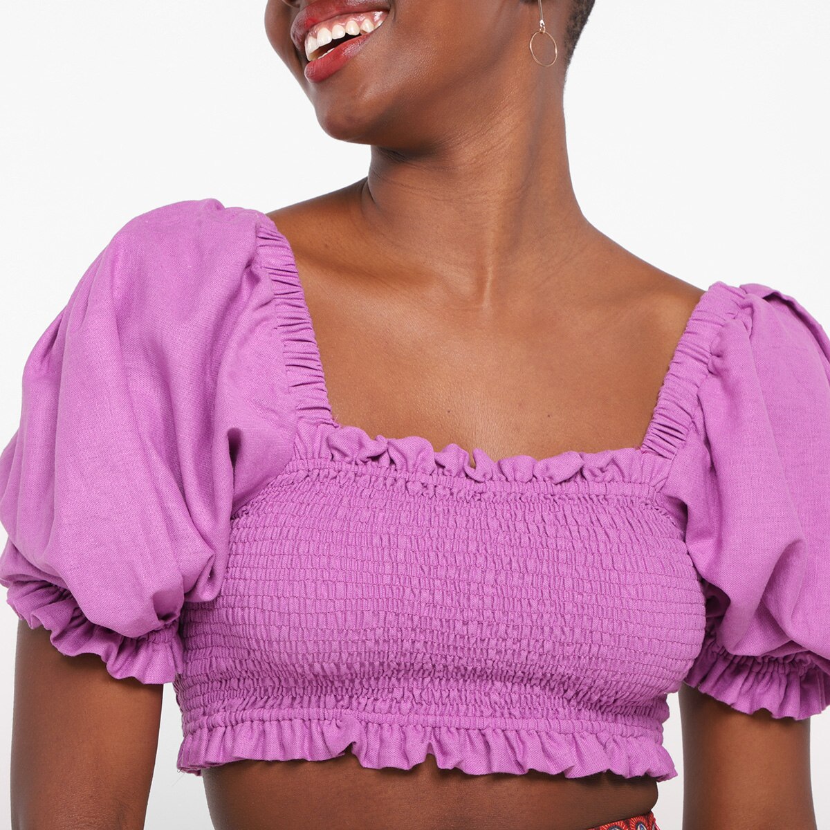 Blusa Farm Cropped Lastex Manga Bufante Feminina - 2