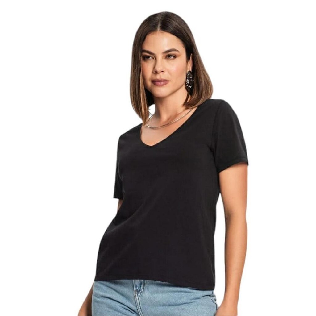 Blusa Feminina Básica Manga Curta Decote V Manga Curta