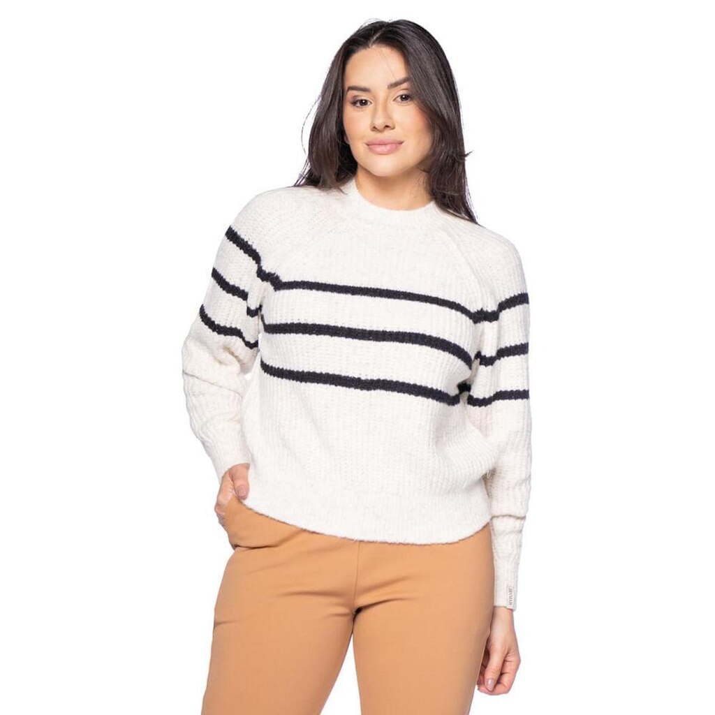 Blusa Feminina Biamar Com Listras E Cava Raglan Branco