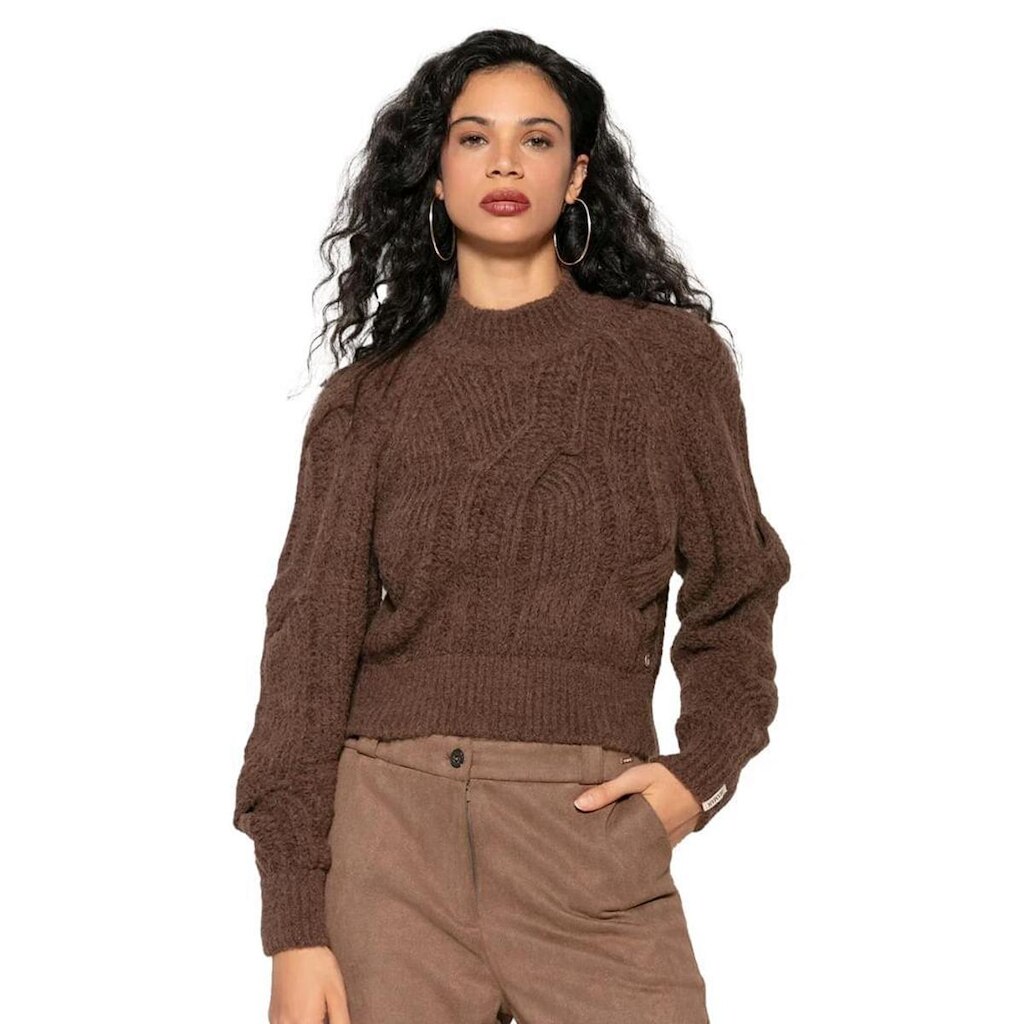 Blusa Feminina Biamar Tricot com Tranças Raglan Marrom