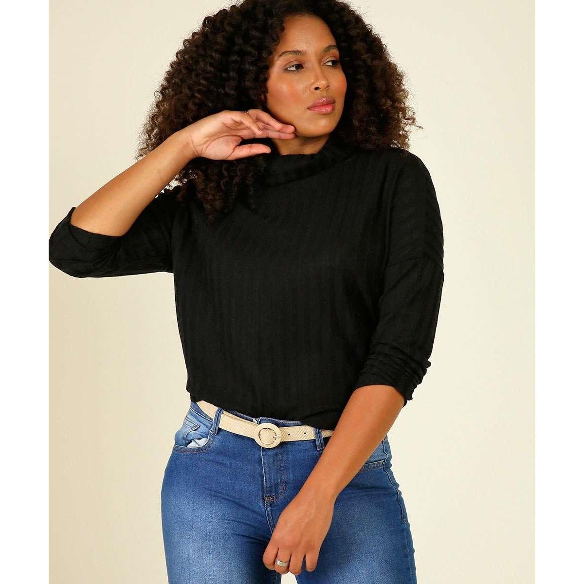 blusa feminina canelada manga longa gola alta
