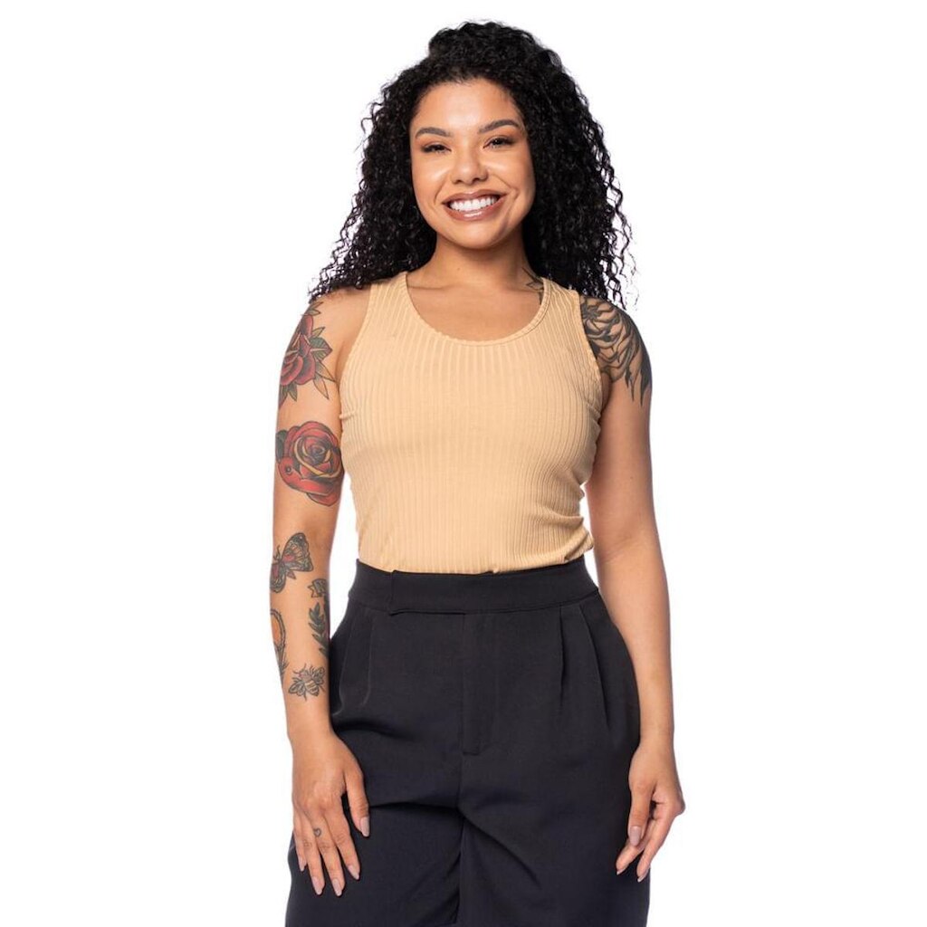 Blusa Feminina Cativa Regata Canelada Bege