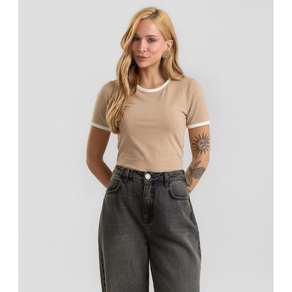 Blusa Feminina Em Ribana Canelada Dianna Bege