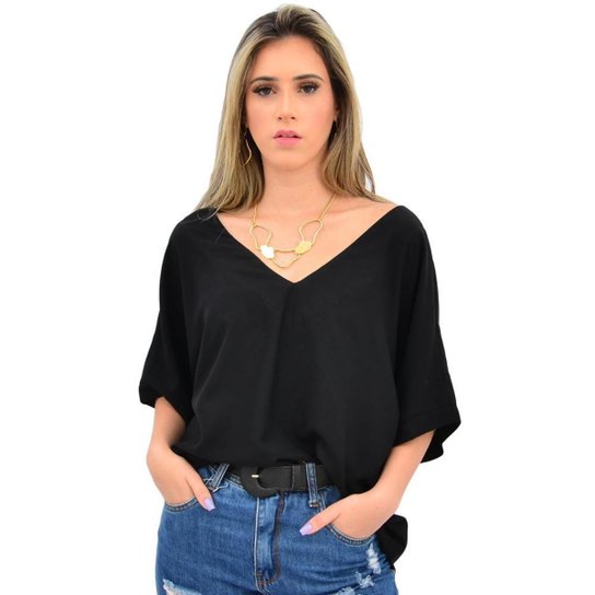 Blusa Feminina Lisa Manga 3/4 Gola V Básica Casual - Preto Menor preço em Blusa Feminina Lisa Manga 3/4 Gola V Básica Casual - Preto