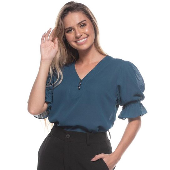 Blusa Feminina Lisa Romântica Manga Bufante Babados - Azul Petróleo Menor preço em Blusa Feminina Lisa Romântica Manga Bufante Babados - Azul Petróleo