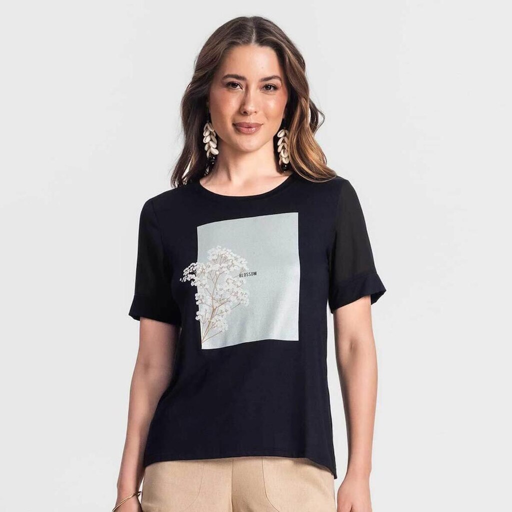 Blusa Feminina Manga Curta Chiffon Blossom