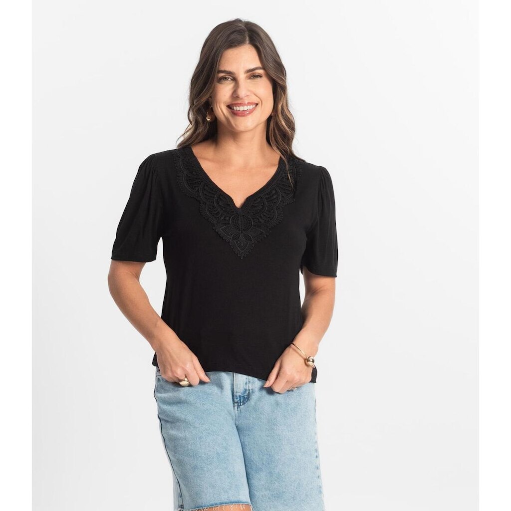 Blusa Feminina Manga Curta Viscotorcion Select Preto