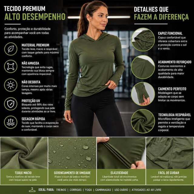 Blusa Feminina Manga Longa Com Capuz Academia Treino Poliéster Premium
