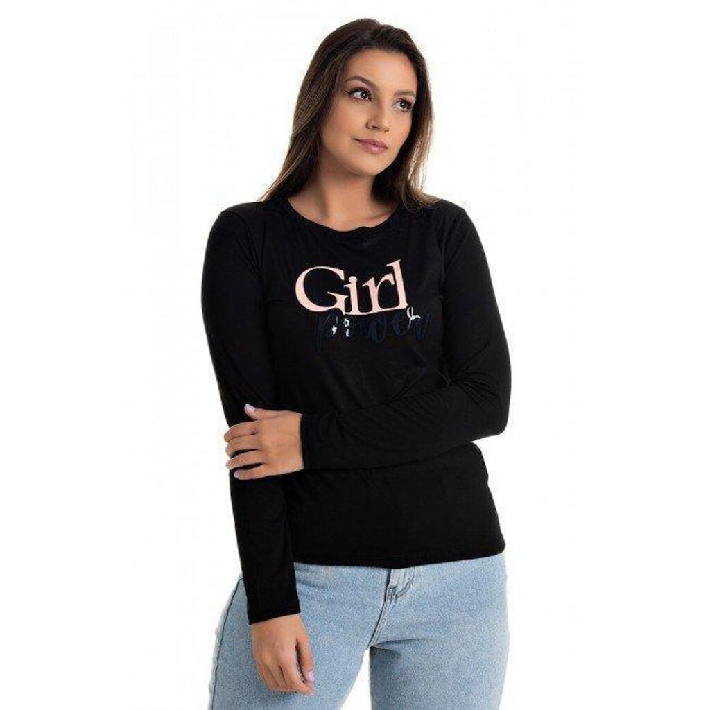 Blusa Feminina Manga Longa em Visco com Aplique "Girl Power"