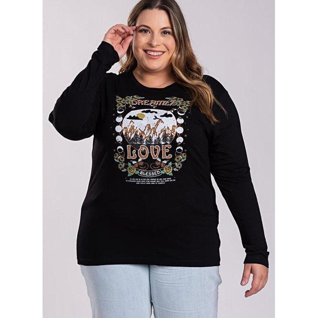 Blusa Feminina Manga Longa Plus Size Visco Estampada "Dreamer Love" - Serena