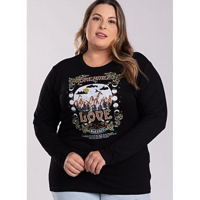 Blusa Feminina Manga Longa Plus Size Visco Estampada "Dreamer Love" - Serena