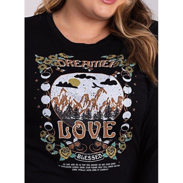 Blusa Feminina Manga Longa Plus Size Visco Estampada "Dreamer Love" - Serena