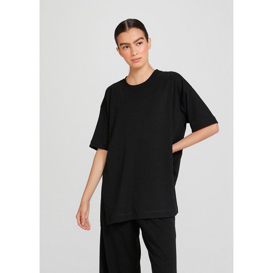 Blusa Feminina Oversized Em Malha Canelada - 4FVM1ASN5 - Preto