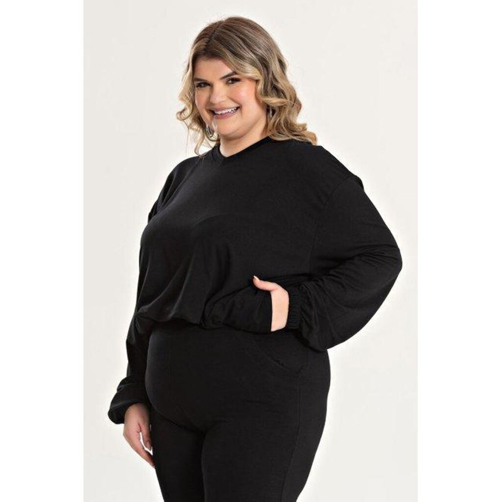 Blusa Feminina Plus Size Decote V C/ Bolso E Elastico Cintura E Punhos - Serena