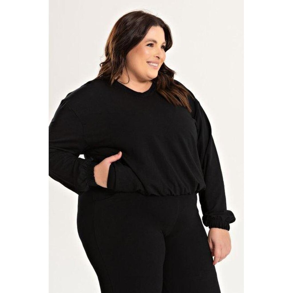 Blusa Feminina Plus Size Decote V com Bolso, Elastico Cintura e Punhos