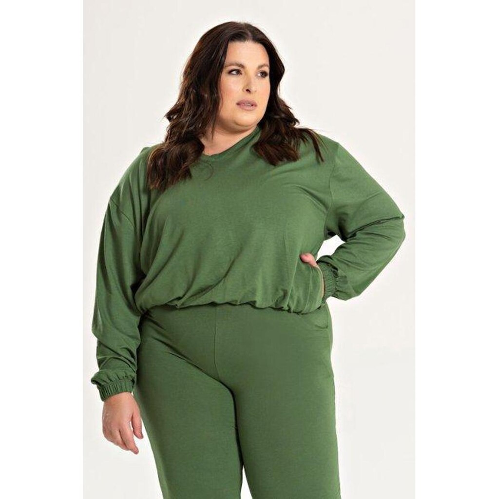 Blusa Feminina Plus Size Decote V com Bolso, Elastico Cintura e Punhos
