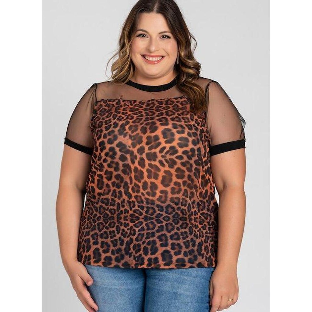 Blusa Feminina Plus Size Detalhe Tule Sublimado Animal Print Visco Costas - Serena