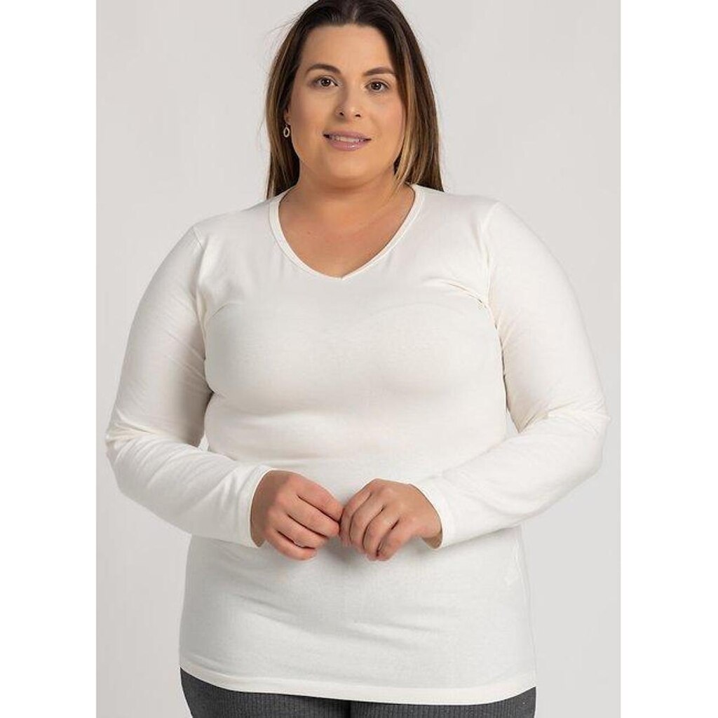 Blusa Feminina Plus Size Manga Longa Cotton Decote "V" - Serena