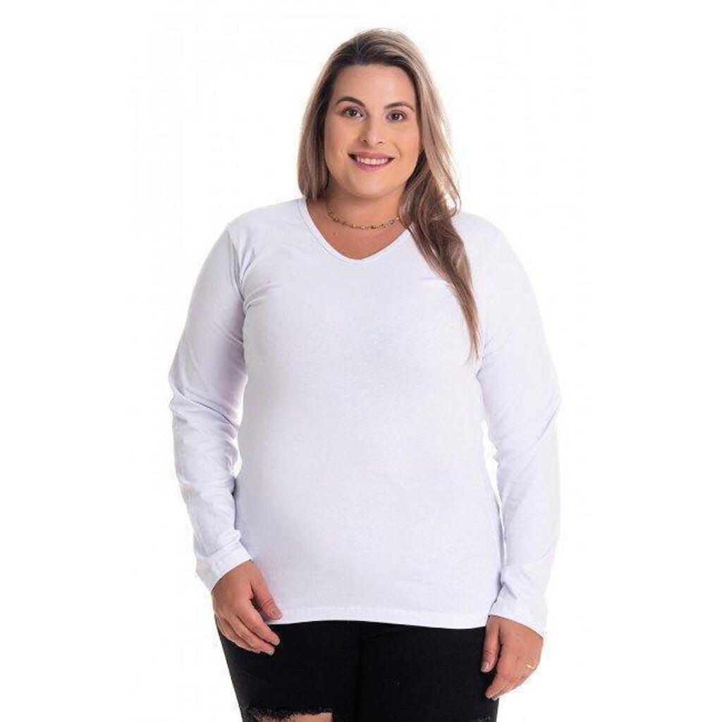 Blusa Feminina Plus Size Manga Longa Cotton Decote "V" - Serena