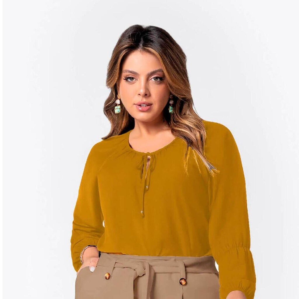 Blusa Feminina Plus Size Manga Longa Decote
