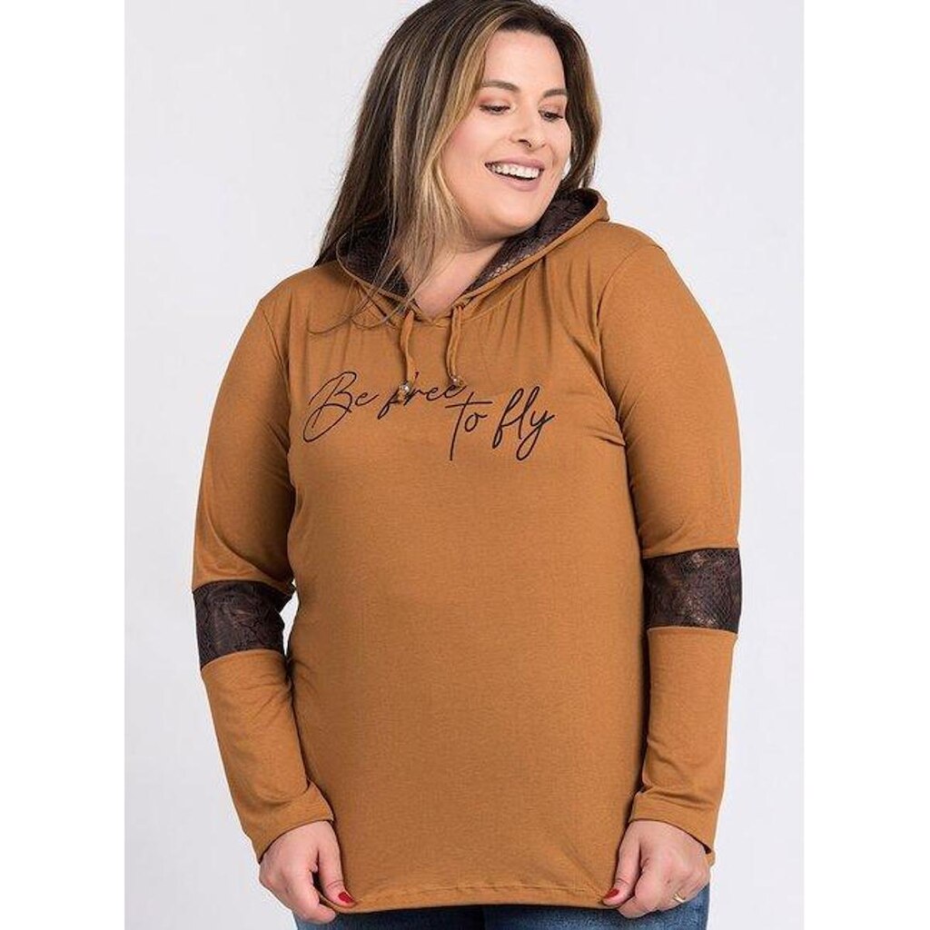 Blusa Feminina Plus Size Manga Longa Estampada "Be free to fly" Capuz - Serena