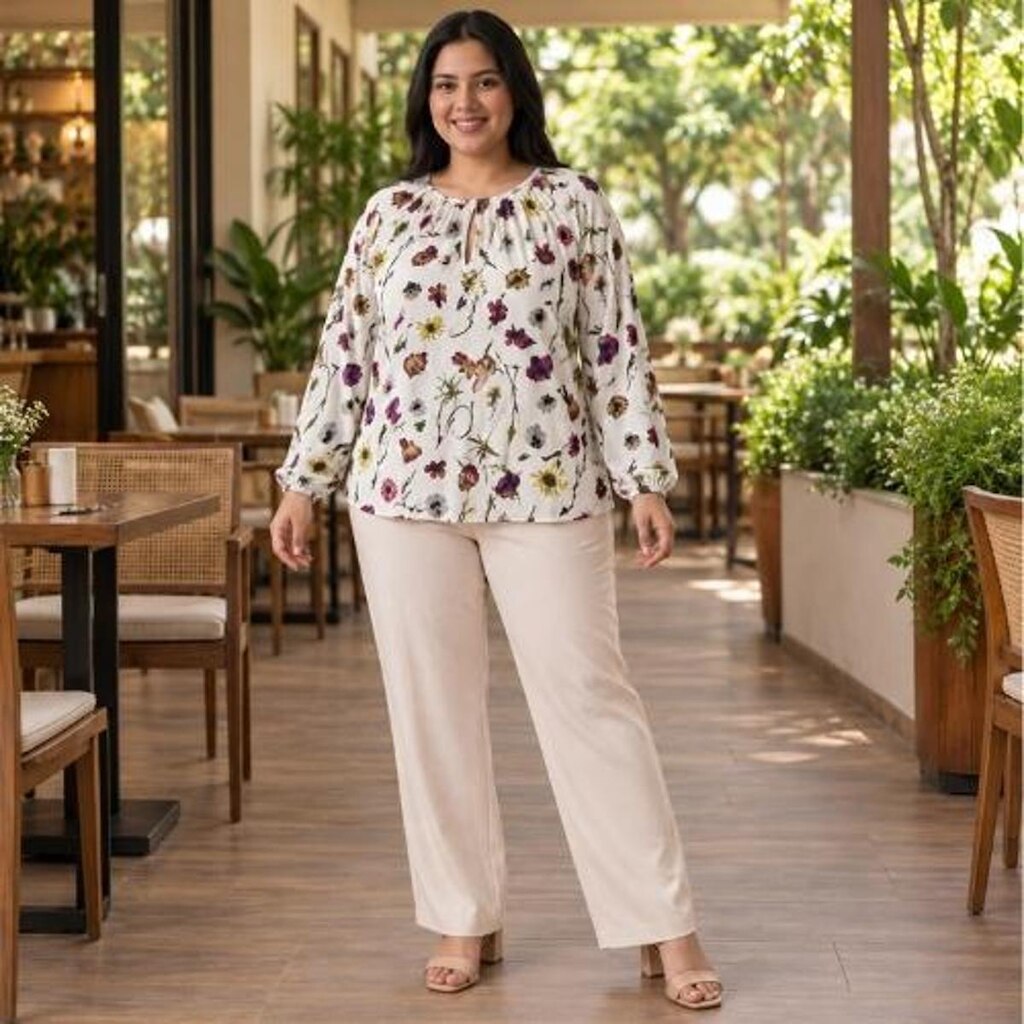 Blusa Feminina Plus Size Manga Longa Modelagem Ampla com Decote Vazado Malwee