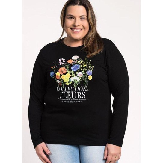 Blusa Feminina Plus Size Manga Longa Visco Estampada "Collection Fleurs" - Serena