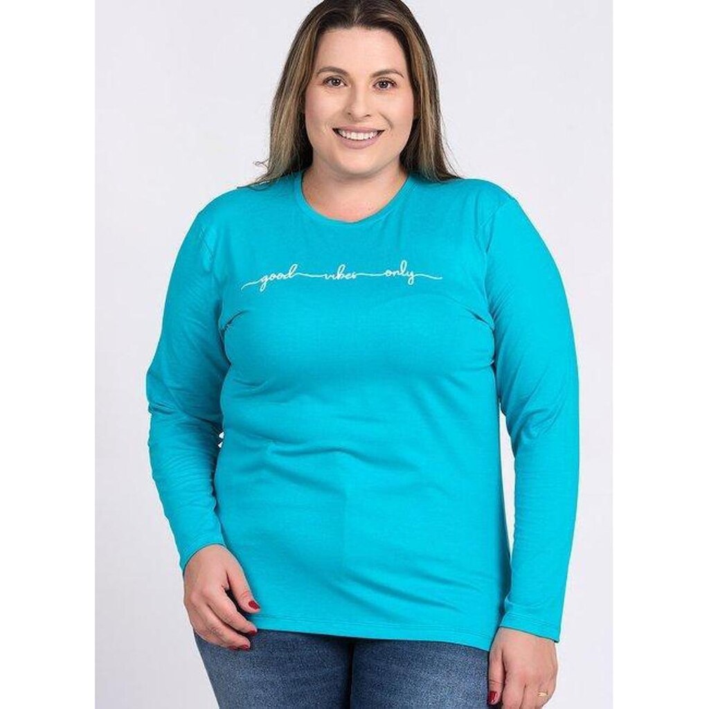 Blusa Feminina Plus Size Manga Longa Visco Estampada "Good vibes only" - Serena