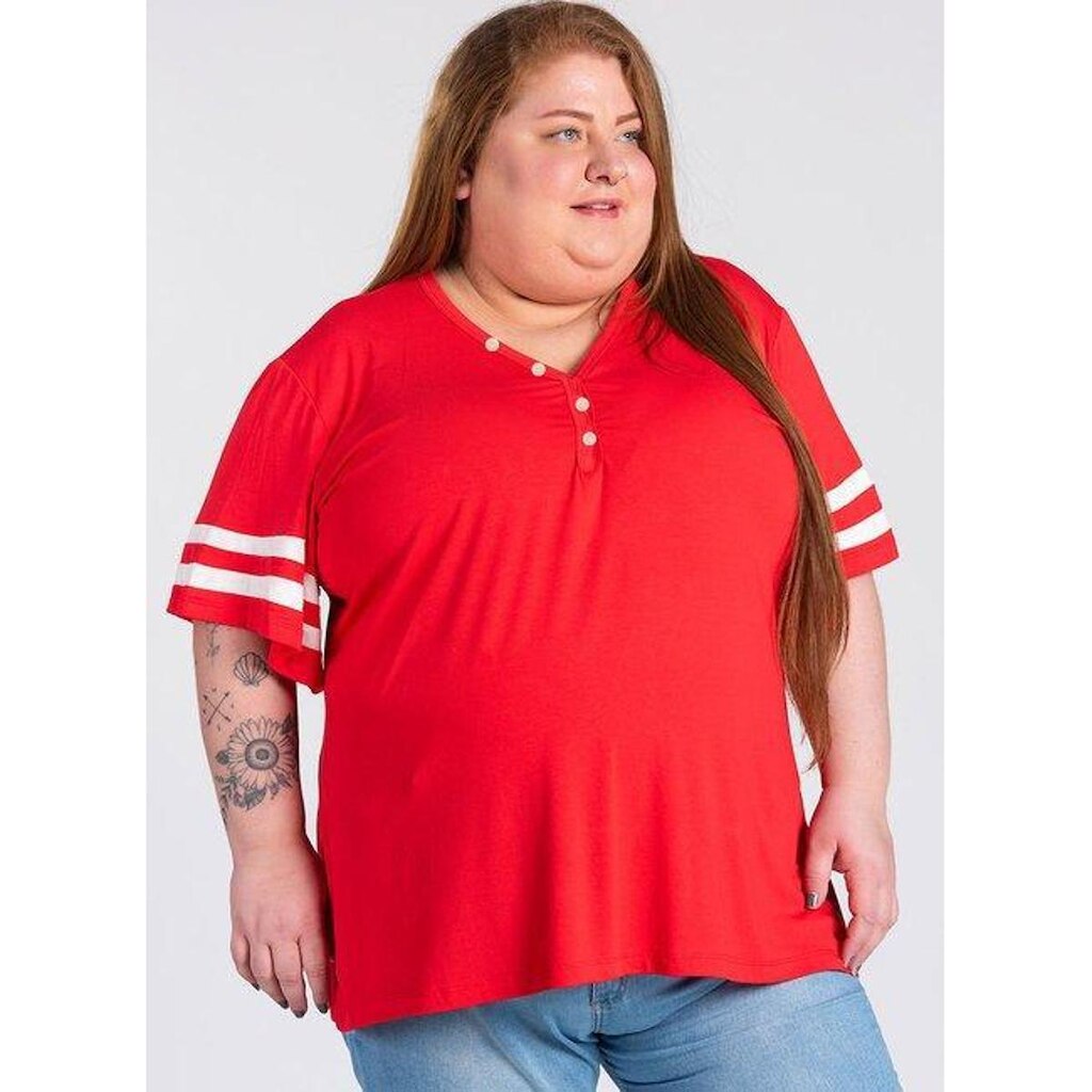 Blusa Feminina Plus Size Visco Decote "Y" Detalhe Mangas e Botão Decote