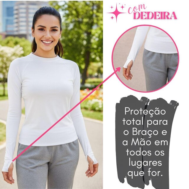 Blusa Feminina Proteção UV Manga Longa com Dedeira