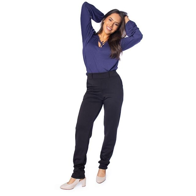 Blusa Feminina Rovitex Manga Longa Decote V com Amarração Azul