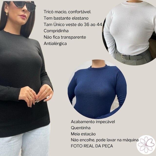 Blusa Feminina Tricô Lisa Manga Comprida Cacharrel Básica Confortável Elegante Fashion Quentinha