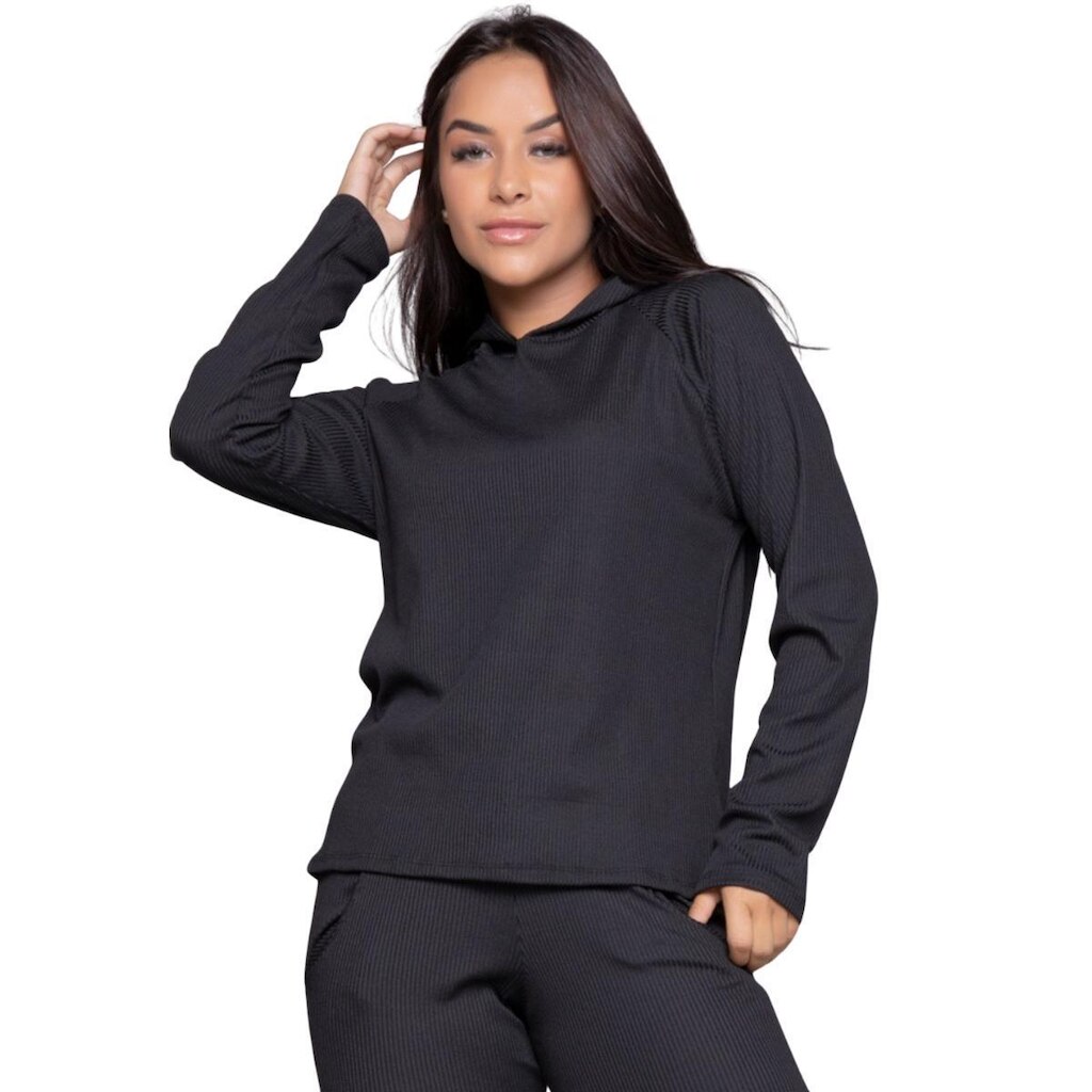 Blusa Fitness Comfy Canelada Serra e Mar Com Capuz Roupa Para Treino Frio Moda Feminina Academia