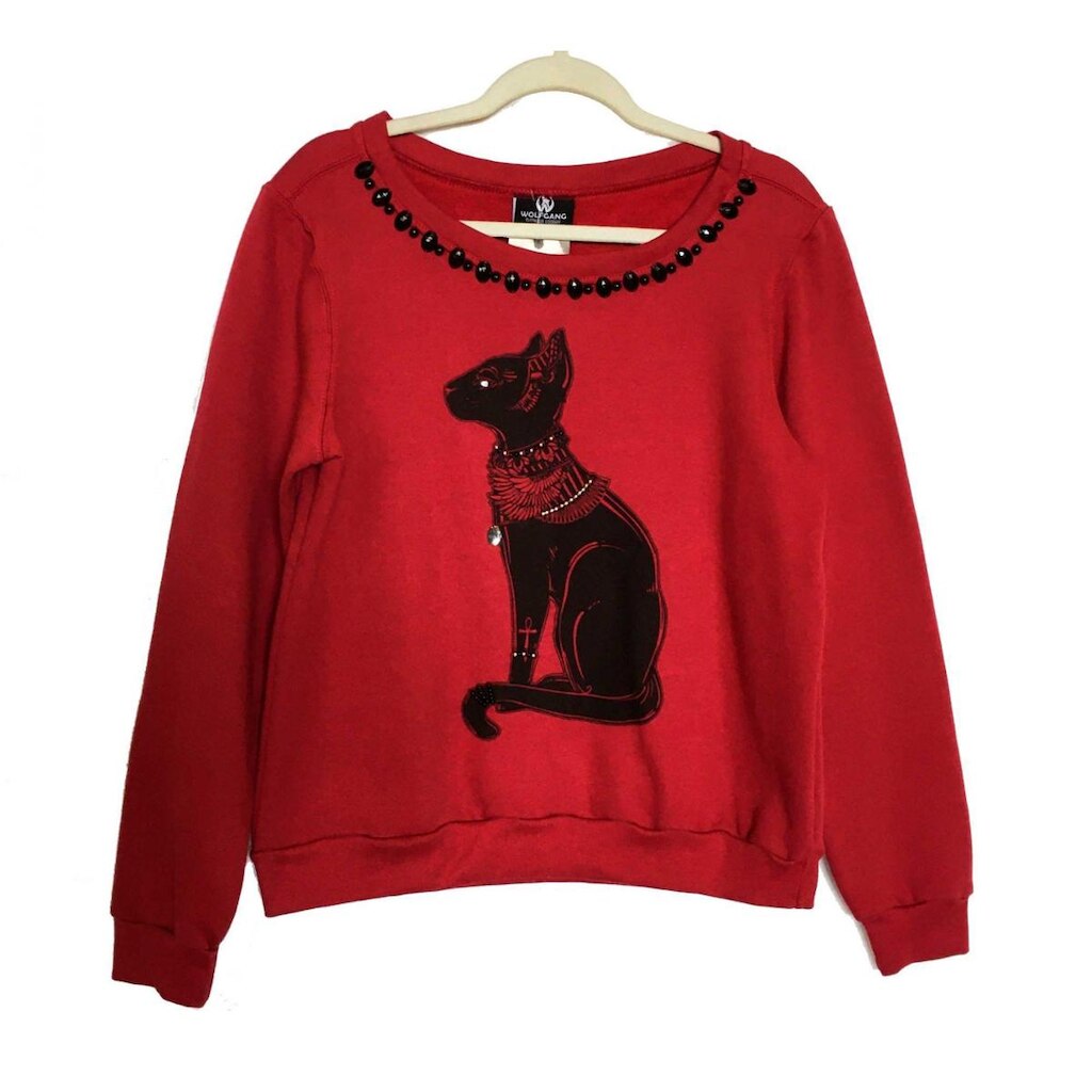 Blusa Gato Moletom Flanelado Bordada Vermelho Queimado