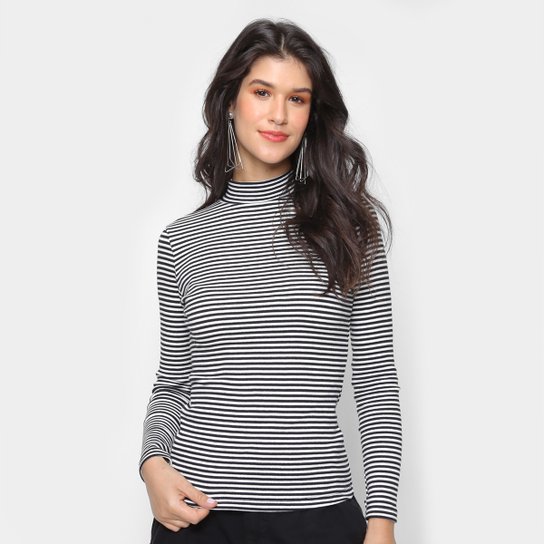 Blusa Hering Listrada Gola Alta Manga Longa Feminina - Preto Menor preço em Blusa Hering Listrada Gola Alta Manga Longa Feminina - Preto