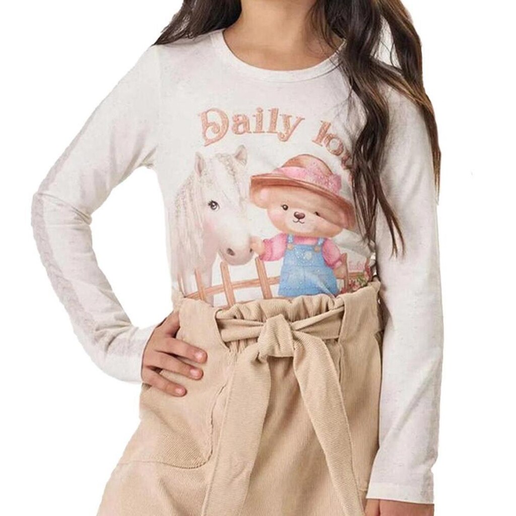 Blusa Infantil Feminina Kukiê Malha Power Bichinhos e Strass Off White - 7974