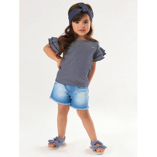 Blusa Infantil Up Baby Ribana Canelada Listrada Babados Feminino - Marinho Menor preço em Blusa Infantil Up Baby Ribana Canelada Listrada Babados Feminino - Marinho