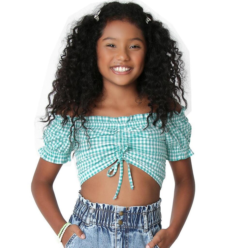 Blusa Juvenil Look Jeans Cropped Xadrez - VERDE - 18