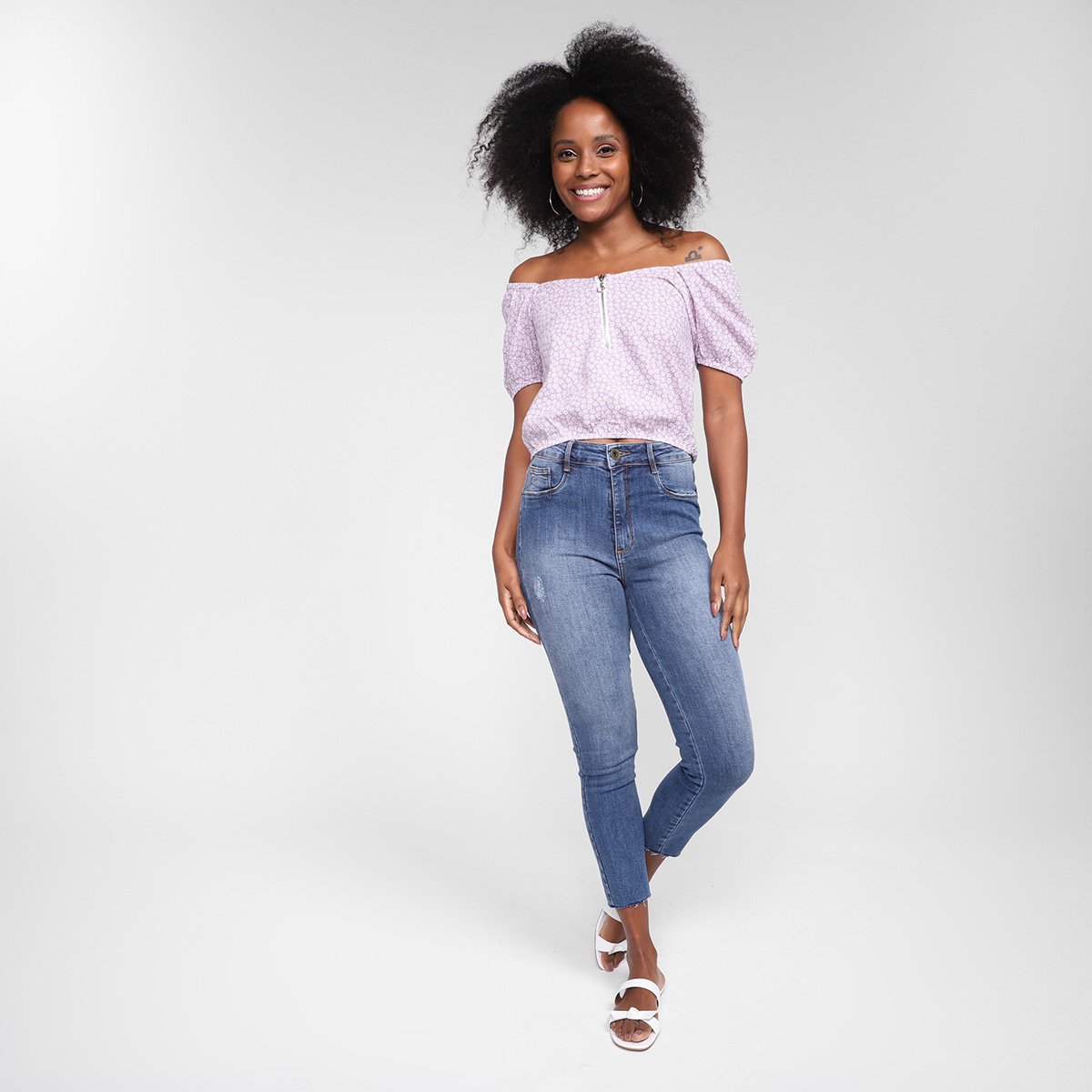 Blusa Lecimar Ombro a Ombro Zíper Floral - 3