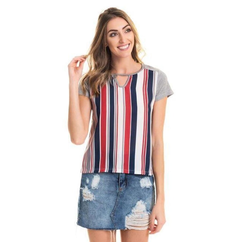 Blusa Listradas Vertical  Detalhe Gota Decote