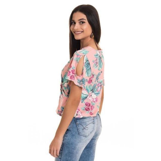 Blusa Malha Estampada Transpassada Ombro Vazado Mangas Godê