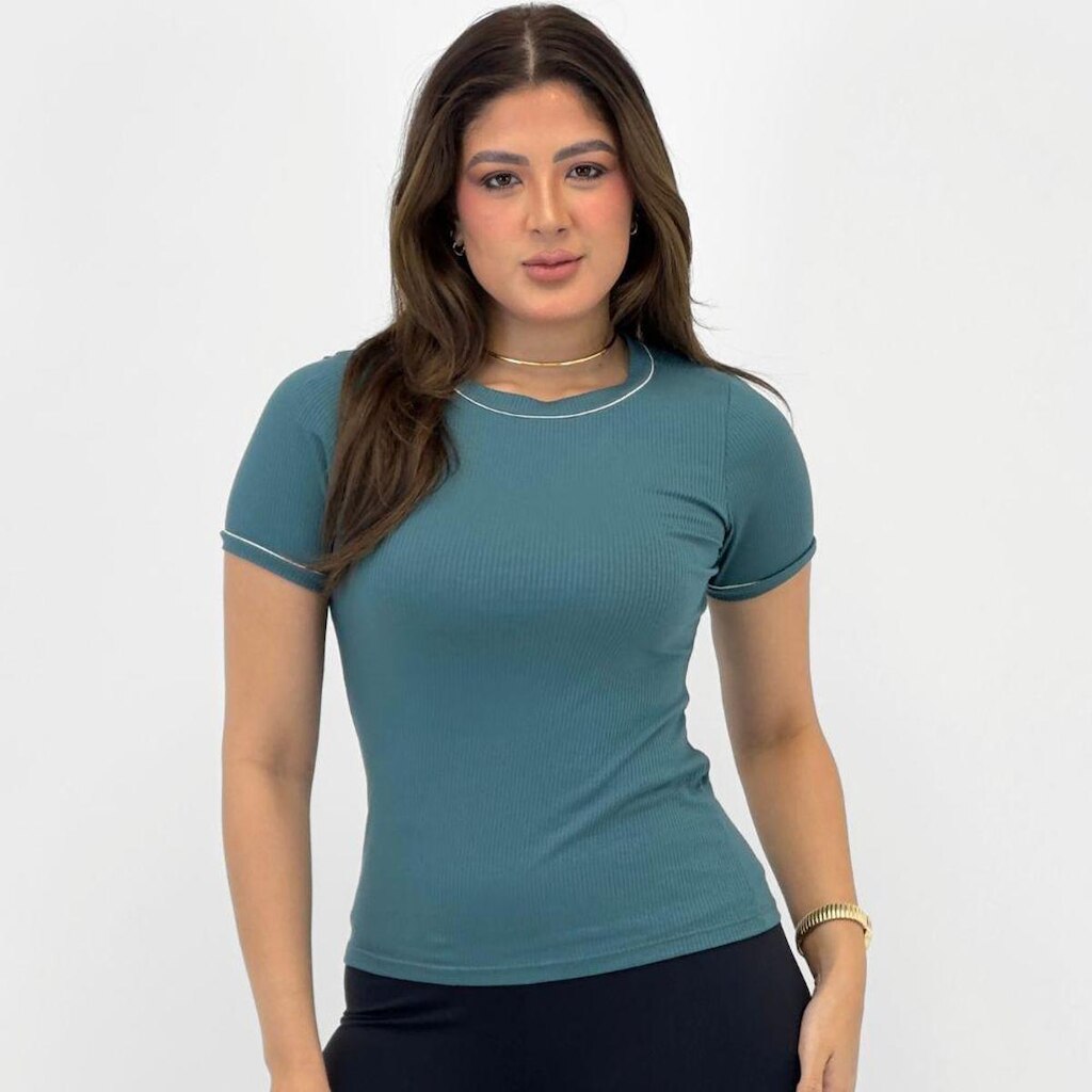 Blusa Malwee Básica Canelada Manga Curta Gola Redonda Feminina