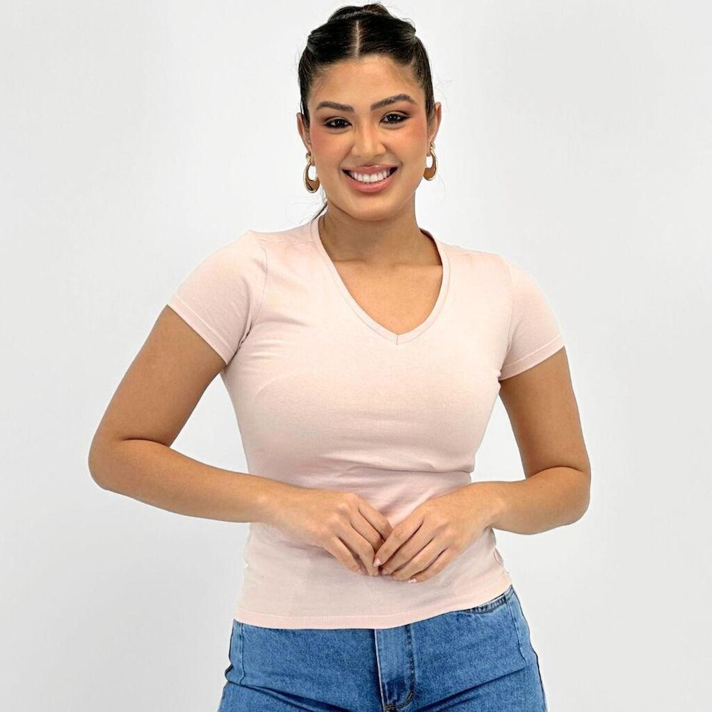Blusa Malwee Básica Manga Curta Gola V Feminina