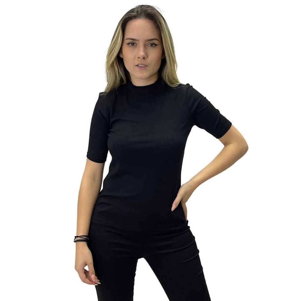 Blusa Malwee Canelada Gola alta Manga curta Feminina