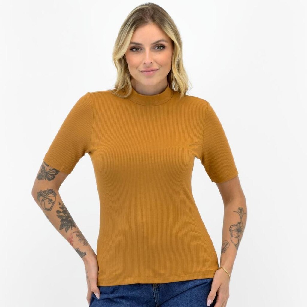 Blusa Malwee Canelada Gola alta Manga curta Feminina