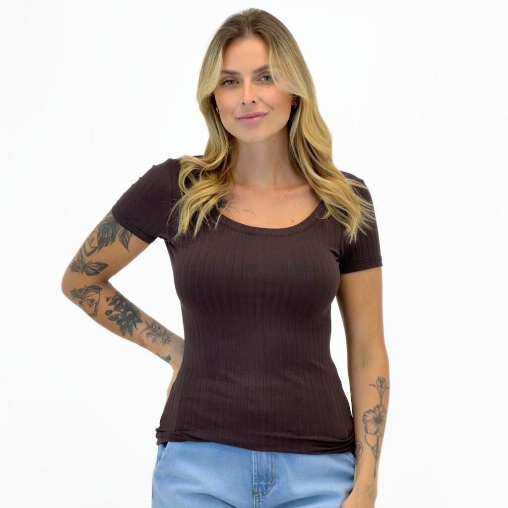 Blusa Malwee Manga Curta Canelada Feminina