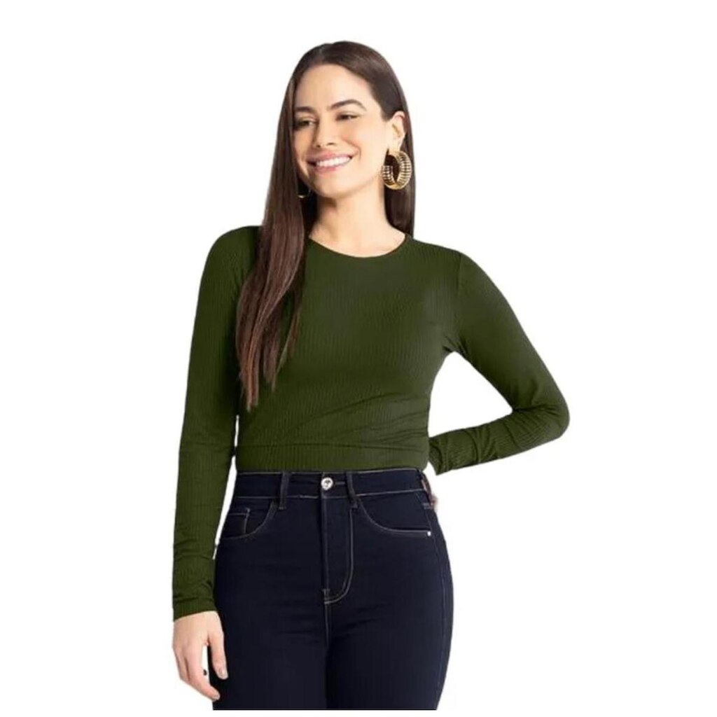 Blusa Manga Longa Canelada Com Decote Redondo 67735